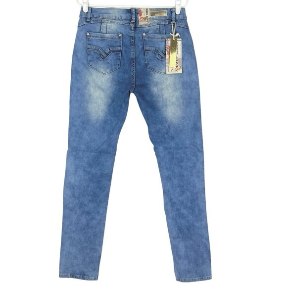 Rebel Love Women's Patch Mid Wash Blue Skinny Stretch Jeans Size 15/16 NWT - Picture 2 of 12